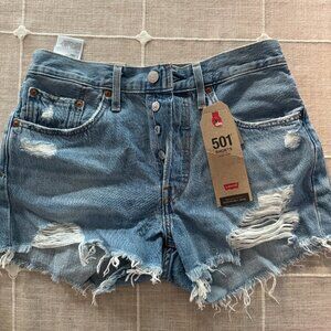 Levis 501 High Rise Distressed Denim Shorts with Button Fly